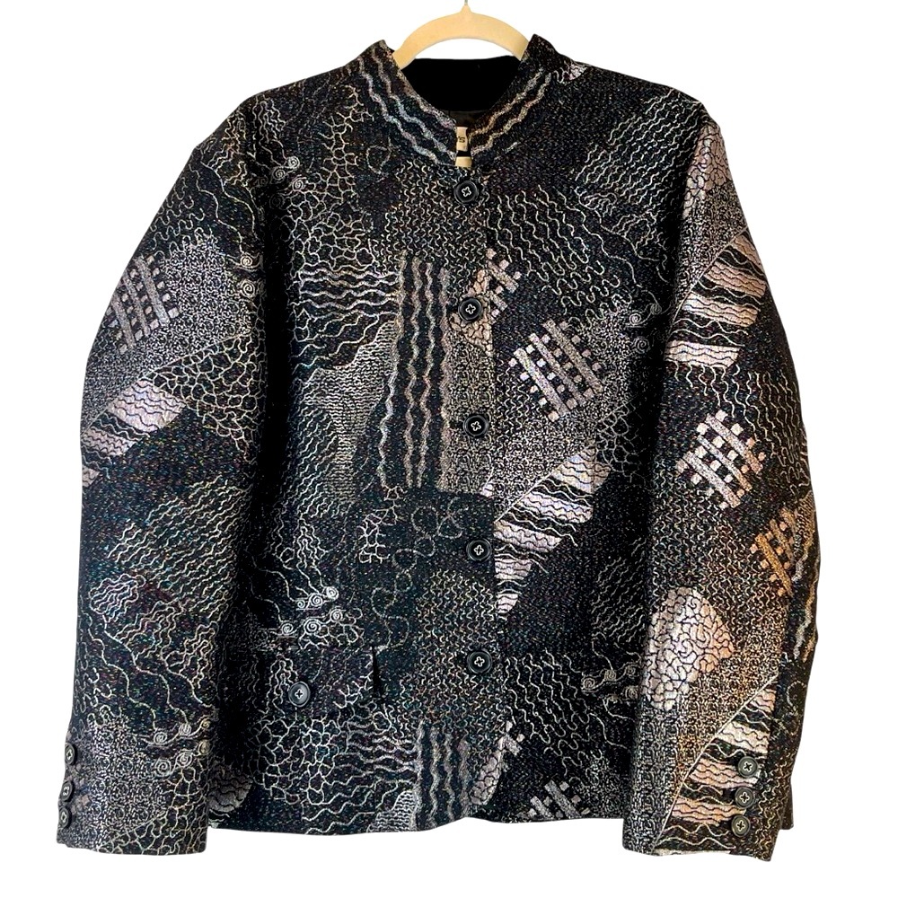 Chico's Metallic Patchwork Pattern Jacket Blazer Silver Metallic Sz 3 / L / 16